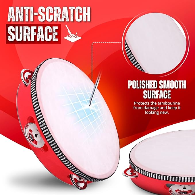 Flexzion Wooden Round Tambourine for Kids and Adults 8" Inch Single Row 8 Pair Jingles, Red Handheld Percussion Instrument for Beginner and Professional Tambourine Player