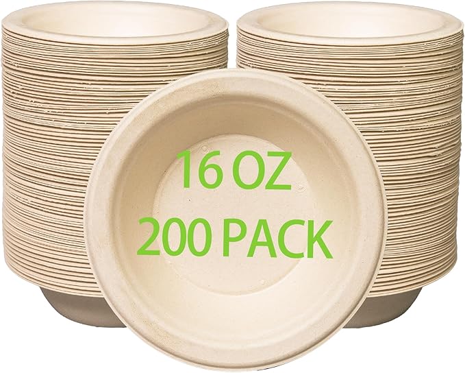 16 oz Compostable Paper Bowls 200pack, Heavy-Duty, Eco-Friendly, Bulk Pack by Emlifepak