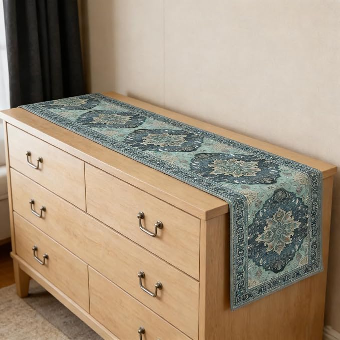 OYIMUA Boho Floral Pattern Summer Table Runner 90 Inches Long Teal and Blue - Image 3