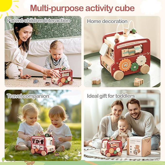 EERKEOD Wooden Activity Cubes for Toddlers Montessori Toys for Boys Girls Educational Learning Toys for Kids Wooden Toys for First Birthday Gift