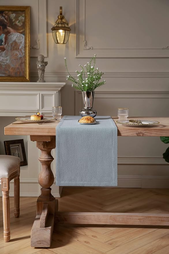 Burlap Style Farmhouse Table Runner, 14x90 Inches Light Dusty Blue | Thick - Image 2