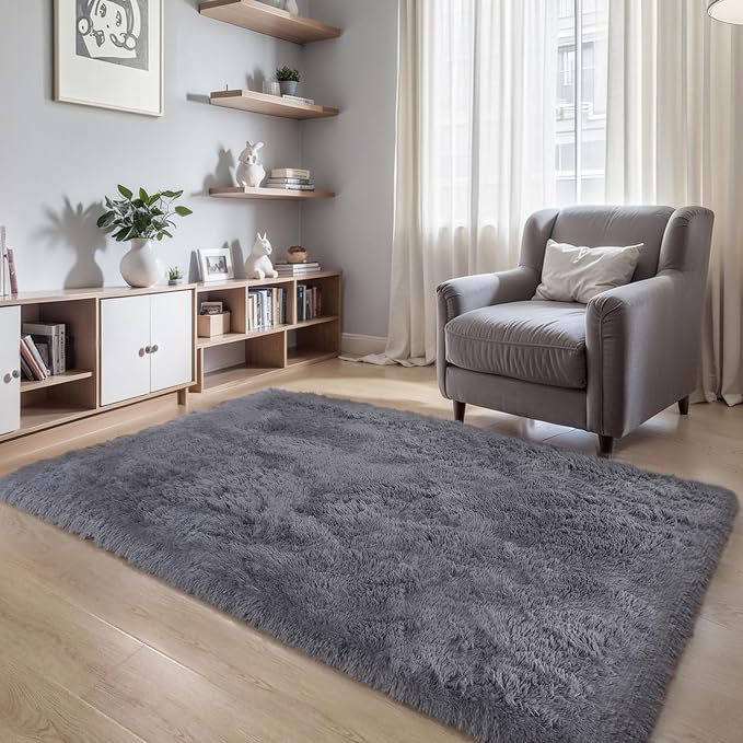 KICHOWUA Thick Area Rug 5x7 Grey Fluffy Shag - Image 7