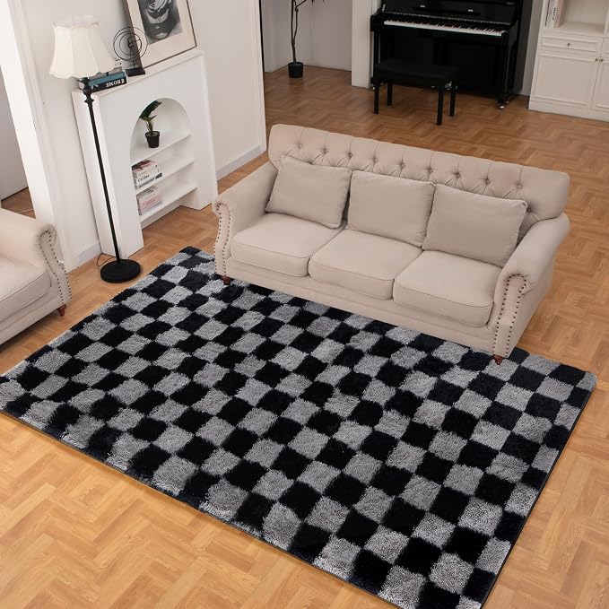 Super Soft Rug for Bedroom, 5x7 Ft Grey and Black Area Rug Classic Checkered - Image 6