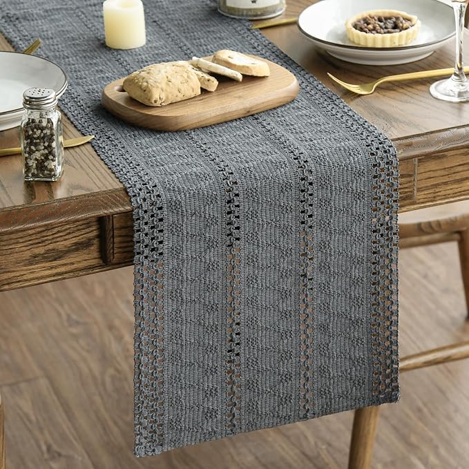 Artoid Mode Dark Grey Woven Farmhouse Hollow Table Runner 12x108 Inch | Holiday - Image 2