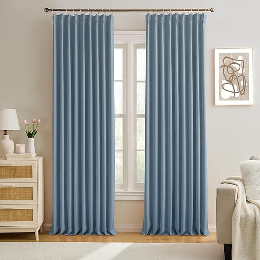 KEQIAOSUOCAI 2 PCs Dusty Blue Pleat Wide Drapes for Sliding Glass Door 60 Wide x 90 Inch Long, Privacy Light Block Noise Reduce Insulated Ceiling to Floor for Locker Room Basement Bedroom Closet