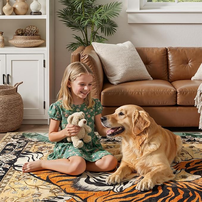 DCX Washable 5x7 Tiger Area Rug, Soft Low Pile Carpet, Kid & Pet Friendly - Image 3