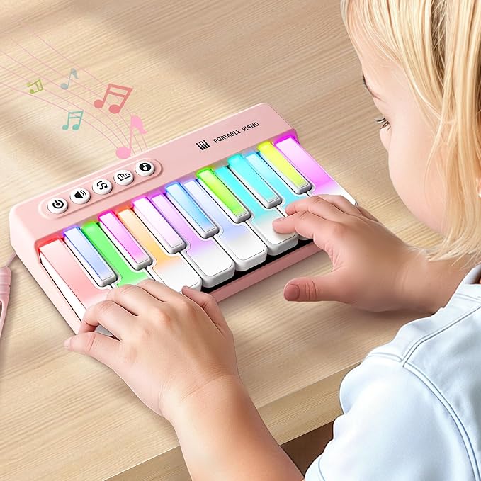 iPlay, iLearn Kids Mini Piano Toy W/Rainbow Lights, Portable Travel Piano Keyboard Toddlers Musical Instrument Learning Toys, Music Interactive Birthday Gift for 2 3 4 5 6 Year Old Girls Children