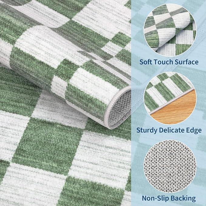 GarveeHome 2.5×8 Kitchen Runner Rug Non Slip, Sage Green Checkered Rug - Image 5
