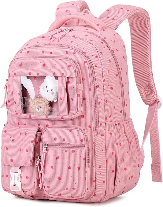Corduroy Backpack Kids Backpack for Girls School Bags for Middle School Students Book Bag for Elementary Primary Kawaii Ita Backpack, Pink Strawberry