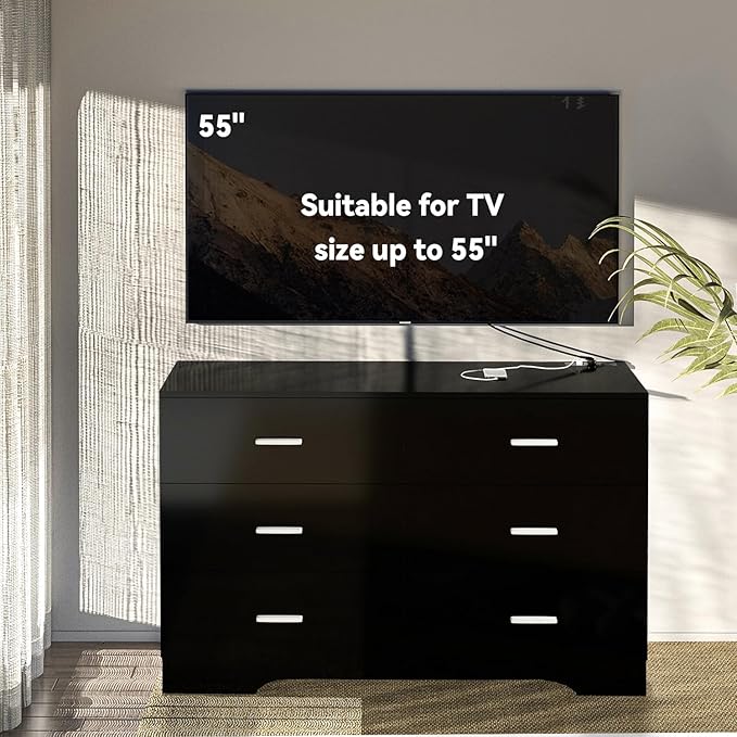 Dresser with Power Outlets Wooden 6 Drawer Dresser with USB and Type C Port Chest of Drawers for Bedroom Tall Black Organizer Storage for Living Room Hallway Closet