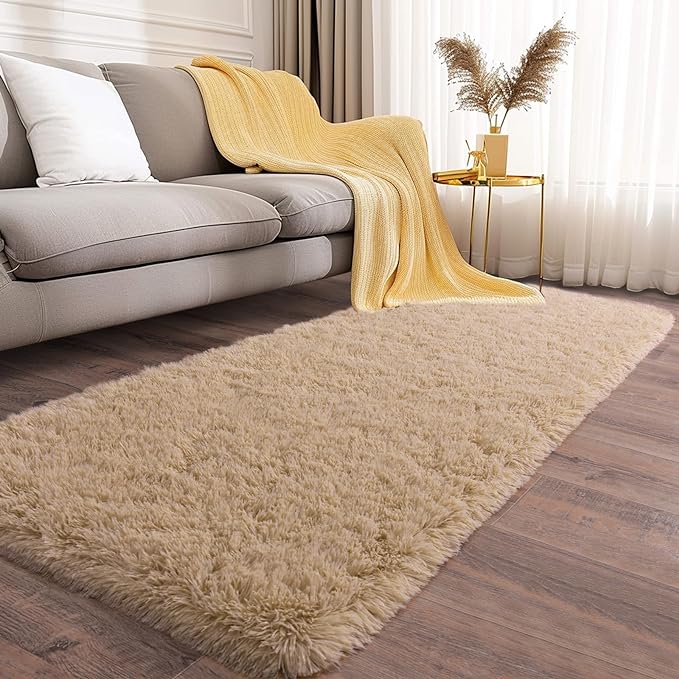 Fluffy Shag Runner Rugs for Bedroom Hallways, 2x8 Beige Long Soft Throw Area - Image 3