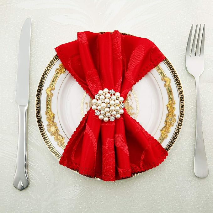 Hotop 24 Pcs Gold Napkin Rings Pearls and Flower Napkin Buckles Rhinestone - Image 2