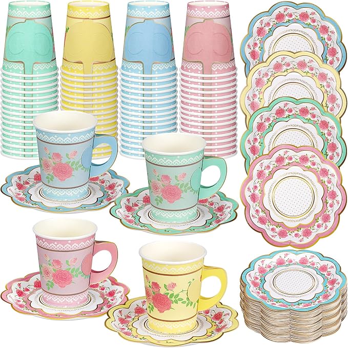 FillTouch 200 Sets Floral Paper Tea Cups and Saucers Disposable Paper Tea Party by FillTouch