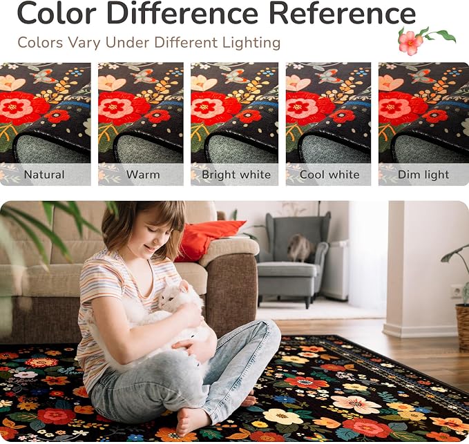 5x7 Area Rugs for Living Room Vacuum-Friendly Machine Washable Area Rug Flower - Image 7