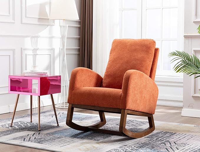 Dolonm Rocking Chair Mid-Century Modern Nursery Rocking Armchair Upholstered Tall Back Accent Glider Rocker for Living Room (Orange)