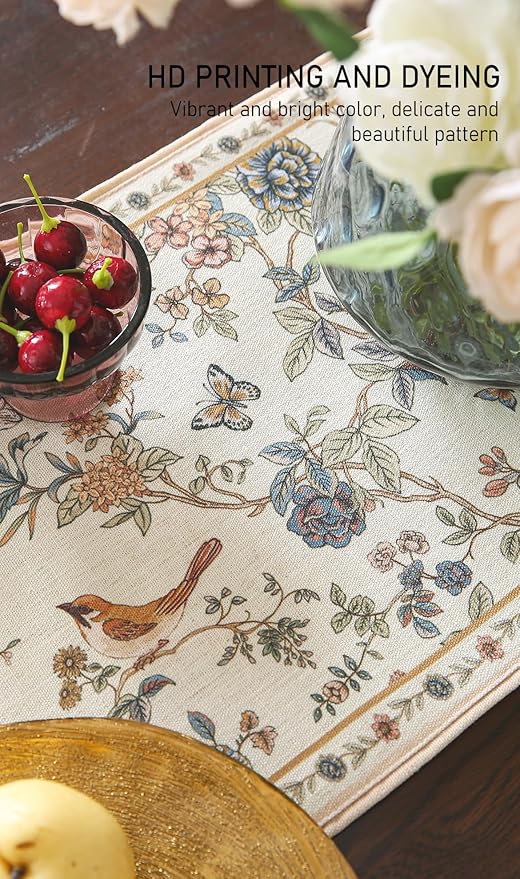 Designer French Linen Long Table Runner, Floral Bird Pattern, Dining Table - Image 4
