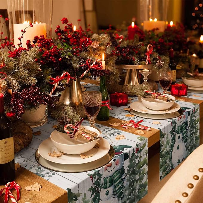 Christmas Snowman Table Runner 90 Inches Long, Xmas Trees Eucalyptus Leaves - Image 6