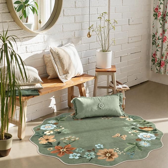 Lahome Floral Round Area Rugs, Washable Small Round Rug 3ft Non-Slip, Soft Boho - Image 2