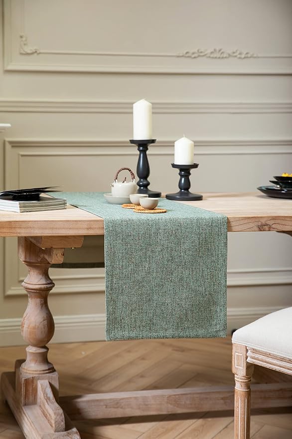 Burlap Style Farmhouse Table Runner, 14x60 Inches Mineral Green | Thick Durable - Image 3