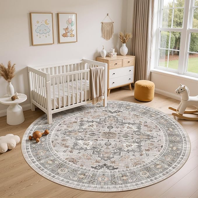 8ft Round Area Rug: Washable Vintage Neutral Soft Non Slip Thin Large Floor - Image 4