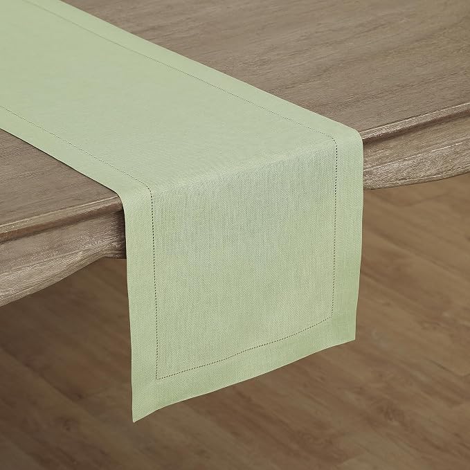 Solino Home 100% Linen Table Runner Green, Classic Hemstitch 14 x 72 in | Table - Image 2