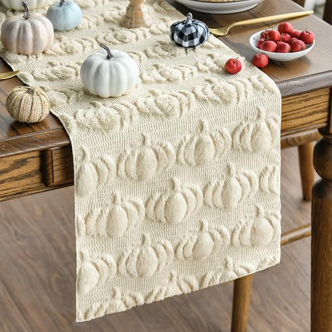 Artoid Mode Beige Soft Faux Fur Pumpkins Fall Table Runner 13x36 Inch | by ArtoidMode