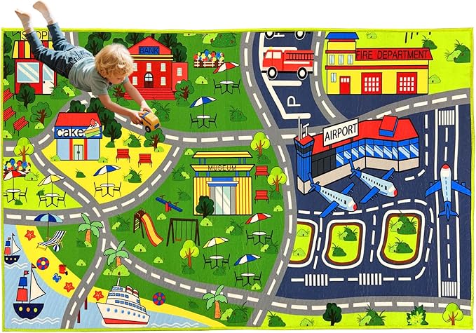 Car Rug Play Mat - Car Train Rugs Playroom Mat, Kids Rugs for Bedroom Road Rug with City Map Design Kid Room Decor, 59x31.49 lnches