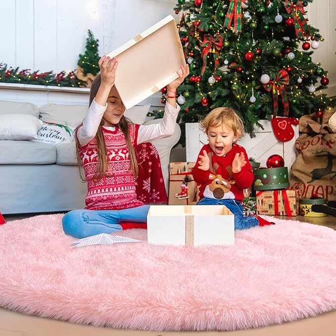 Round Fluffy Pink Rug for Bedroom, 4Ft Fuzzy Shag Circle Area Rug for Girls - Image 3