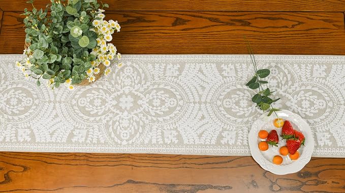 KEVA Boho Table Runner 36inches Long, Farmhouse Rustic Vintage White - Image 5