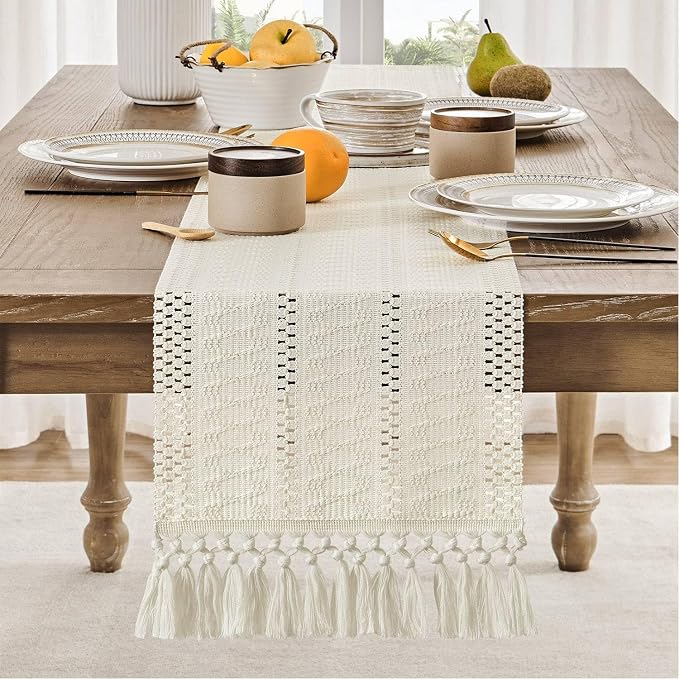 Macrame Style Boho Table Runner, 12x36 Inch Ivory | Woven Boho Table Runner - Image 2