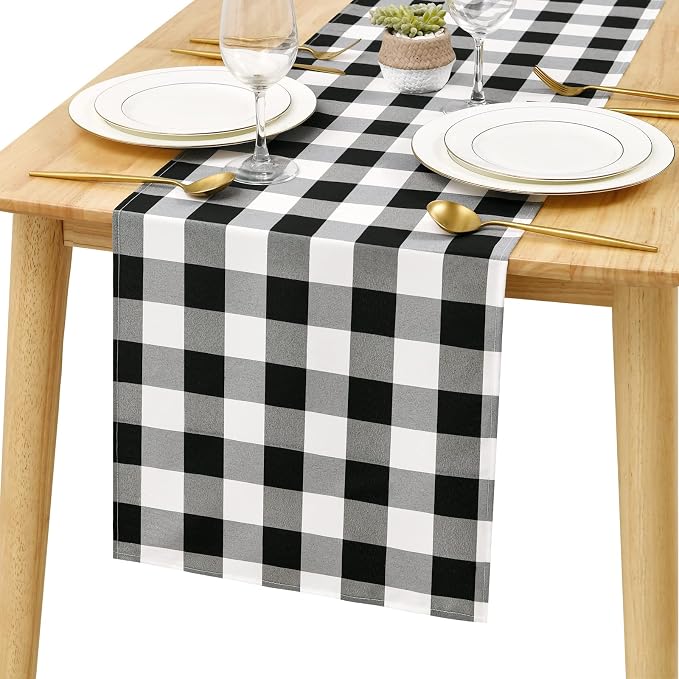 Buffalo Plaid Table Runner Black and White 14W x 60L, 1 Piece | Waterproof by Hiasan