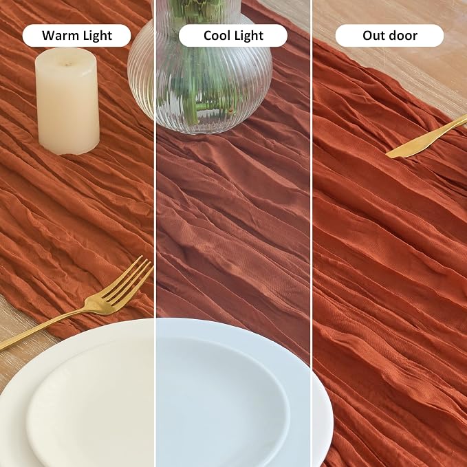 Asee'm Terracotta Fall Cheesecloth Table Runner 10FT Boho Burnt Orange | Rustic - Image 8