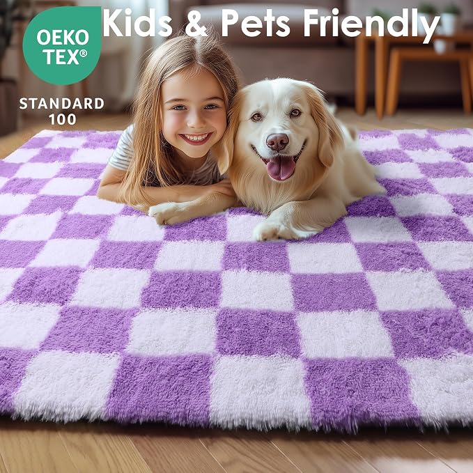 KICMOR Purple Rugs for Living Room Bedroom, Fluffy Soft Checkered 5x8 Area Rug - Image 6