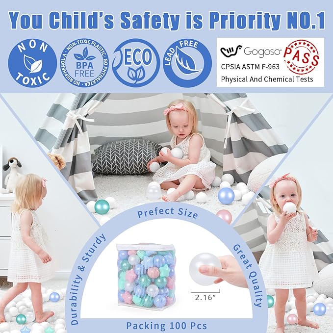 GOGOSO 100 Non-Toxic Play Balls for Kids - Soft, Crush-Proof, and BPA-Free Pit Balls in Fun Colors for Indoor/Outdoor Playtime