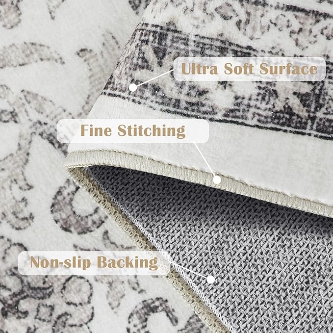 jinchan Floral Runner Rug 2x5 - Machine Washable Beige Vintage Distressed Design Soft Non-Slip Low-Pile Ultra-Thin Runner Rug for Kitchen Hallway Laundry Room Entryway Farmhouse (2‘x5',Beige)