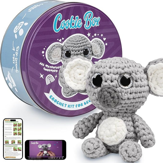 Cookie Box Crochet Kit for Beginners - Learn to Craft Amigurumi Stuffed Animals - Knitting Gift for Kids and Adults - Beginner-Friendly Yarn - Stitch-by-Stitch Video Tutorial - Koala Coal