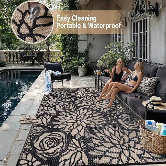 Outdoor Plastic Straw Rug Waterproof Patio 9x12 Black Brown Floral Mat - Image 7