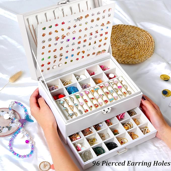 Earrings Jewelry Box for Girls, 5 Layers Jewelry Organizer with Earring Holder Organizer for Girls Earring Organizer Jewelry Boxes for Women Earrings and Necklaces Jewelry Box Organizer White