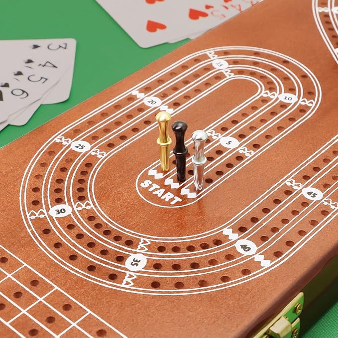 Cribbage Board Game Set 3 Tracks, Plusvivo Solid Oak Wood Cribbage Boards Unique with 9 Metal Pegs & 2 Storage Area, 15.5 X 4.9 X 1.2 in Travel Portable Cribbage Game Sets for Family