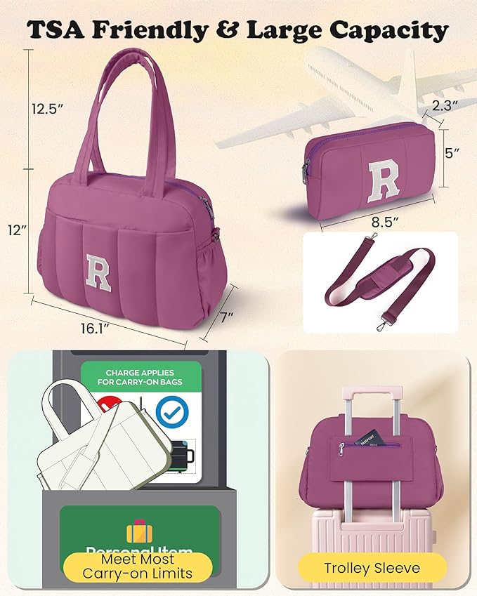 Duffle Bag with Initial, Spend The Night Bags for Women，Overnight Bag with Wet Pocket，Lightweight Stuff for Girls Travel Bags Personalized Gym Tote with Makeup Pouch