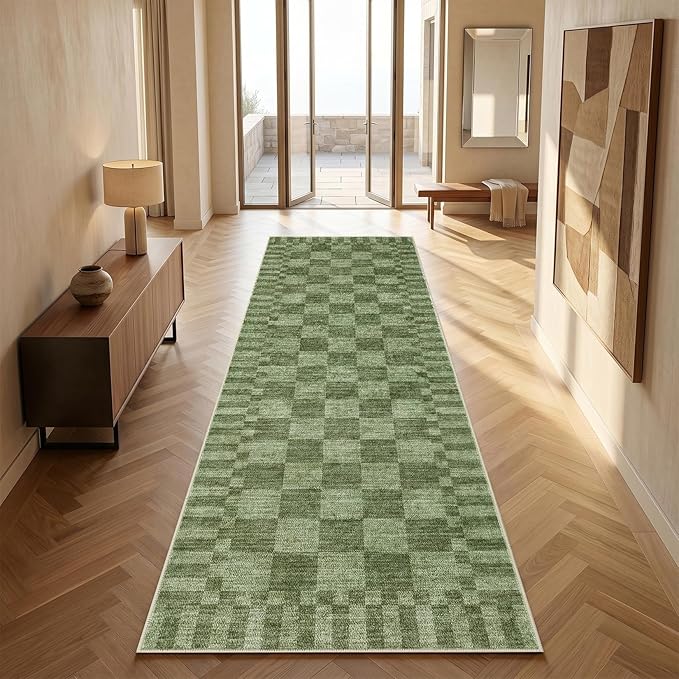 GarveeHome 2.5×8 Kitchen Runner Rug Non Slip, Moss Green Checkered Rug - Image 2