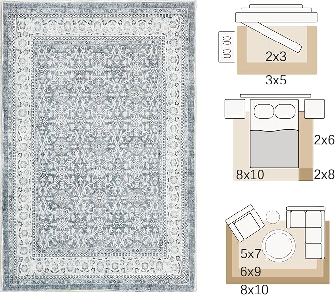 jinchan Floral 6x9 Area Rugs for Living Room - Machine Washable Vintage Distressed Boho Design Throw Rug Stain Resistant Carpet Low-Pile Thin Non-Slip for Bedroom Dining Room Nursery (6‘x9',Grey)