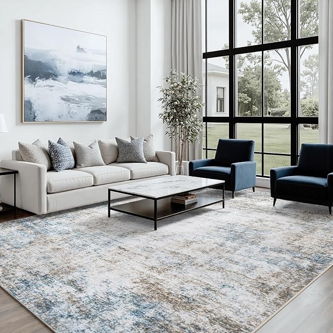 Area Rug 8x10 Living Room Rug Washable: No-Slip Abstract Soft Thin Large Brown - Image 3
