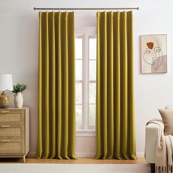 KEQIAOSUOCAI Yellow Pinch Pleated Curtains 96 Inch Length 2 Panels Set Noise Cancelling Window Drapes for Nursery Bedroom Living Room 40x96