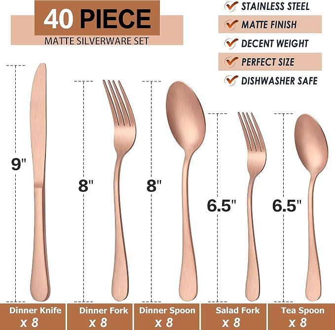LIANYU 40 Piece Matte Copper Silverware Set, Rose Gold Flatware Set - Image 2