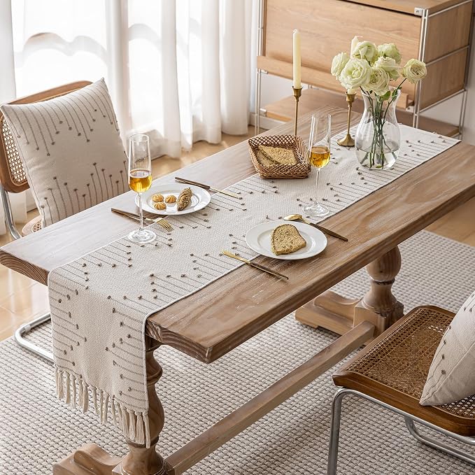 Joyfol Day Boho Cotton Table Runner 13 x 48 Inch, Farmhouse Burlap Stripe Table - Image 2