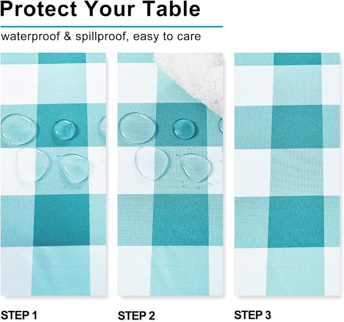 Plaid Tablecloth 2 Pack, 60 x 84 inch, Turquoise and White | Waterproof - Image 4