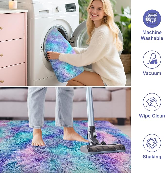 2x8 Ft Purple Rainbow Rug for Girls Bedroom Bedside Runner, Soft Fluffy Rugs - Image 7