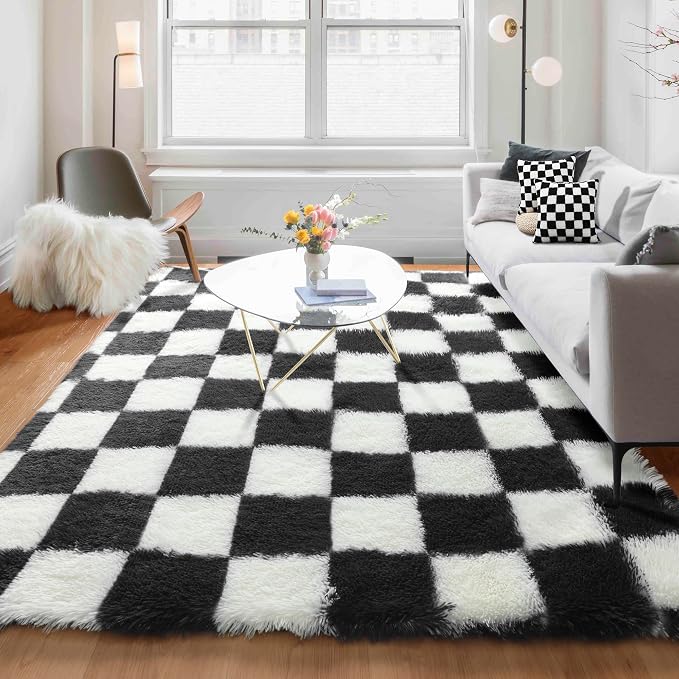 KICMOR 5x7 Rug for Living Room Bedroom, Fluffy Black and White Area Rug Fuzzy - Image 5