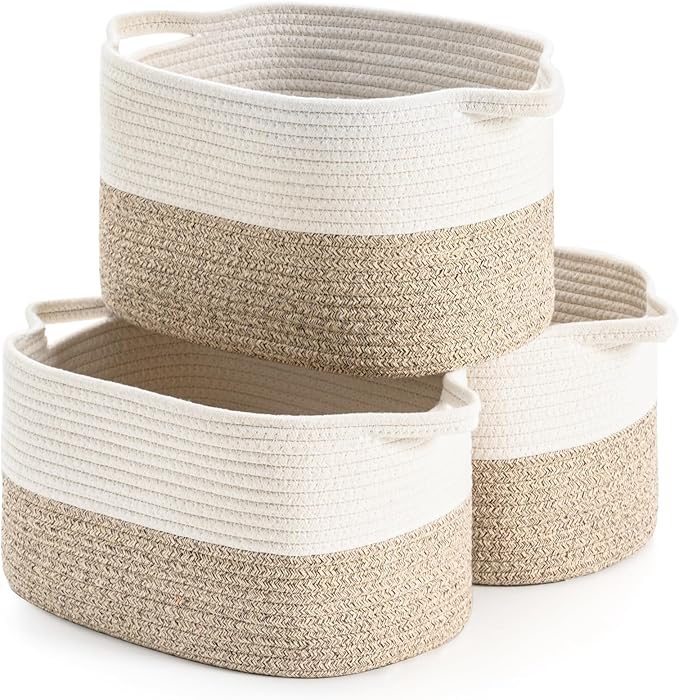 Cotton Rope Woven Storage Basket, Used for Baby Hamper Toy Organizer, Gift Baskets Empty,Kids Laundry Basket,Baby Blanket Basket. Size 15x10x8.7 Inches. (White&Brown-3PCS)